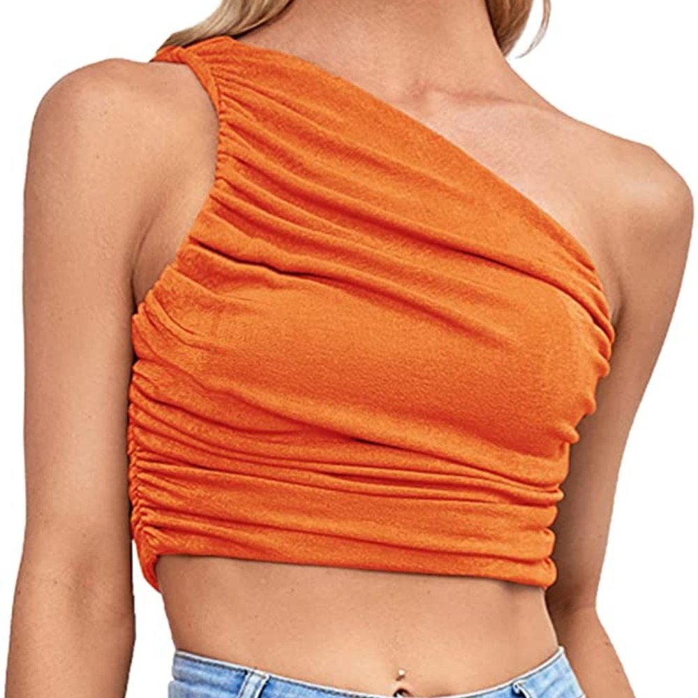 Amazon One Shoulder Ruched Sleeveless Crop Top in Orange - Size Large
